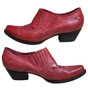 Reba Red Black Leather Western Ankle Boots Women's 6 1/2